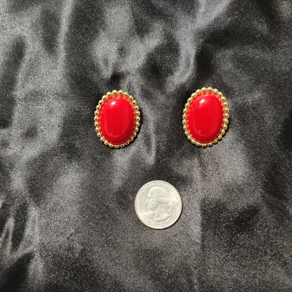 Monet Red Clip On Earrings - Picture 3 of 5